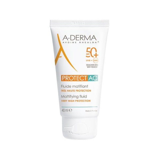 A-Derma Protect AC Fluide Matifiant Tres Haute Protection SPF50+ Αντηλιακή Κρέμα Προσώπου για Ματ Αποτέλεσμα, Πολύ Υψηλής Προστασίας για Λιπαρές & με Τάση Ακμής Επιδερμίδες, 40ml