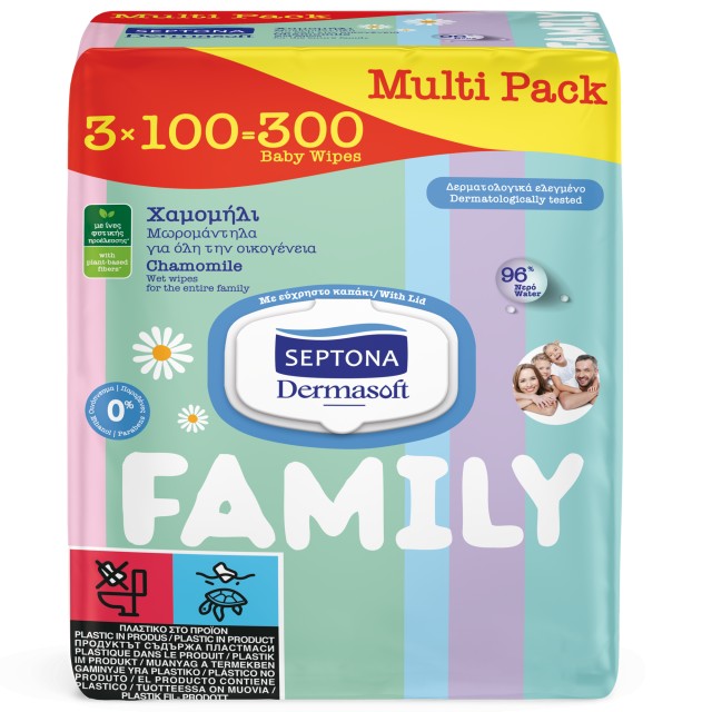 Septona Family Wet Wipes with Chamomile Απαλά Μωρομάντηλα για Όλη την Οικογένεια με Χαμομήλι (3x100 τεμάχια)