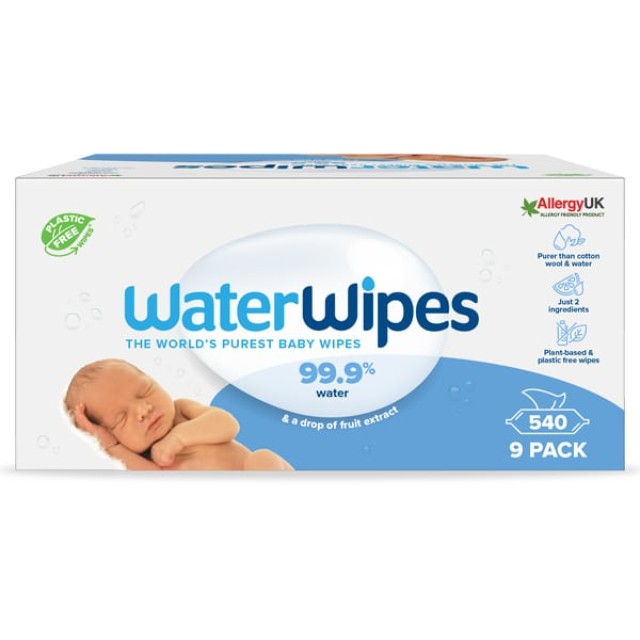 WaterWipes 100% Plastic-free Άοσμα Μωρομάντηλα με 99,9% Νερό, 9x60τεμ