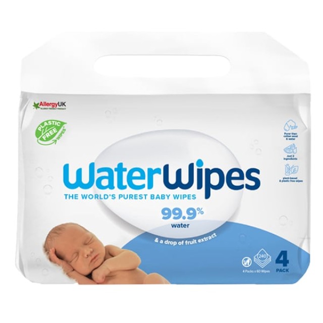 WaterWipes 100% Plastic-free Άοσμα Μωρομάντηλα με 99,9% Νερό, 4x60τεμ