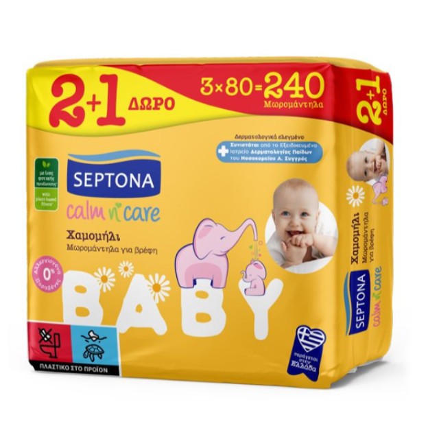 Septona Promo (2+1 Δώρο) Calm n Care Baby Wipes Chamomile Απαλά Μωρομάντηλα με Χαμομήλι, 3x80τεμ, 1σετ