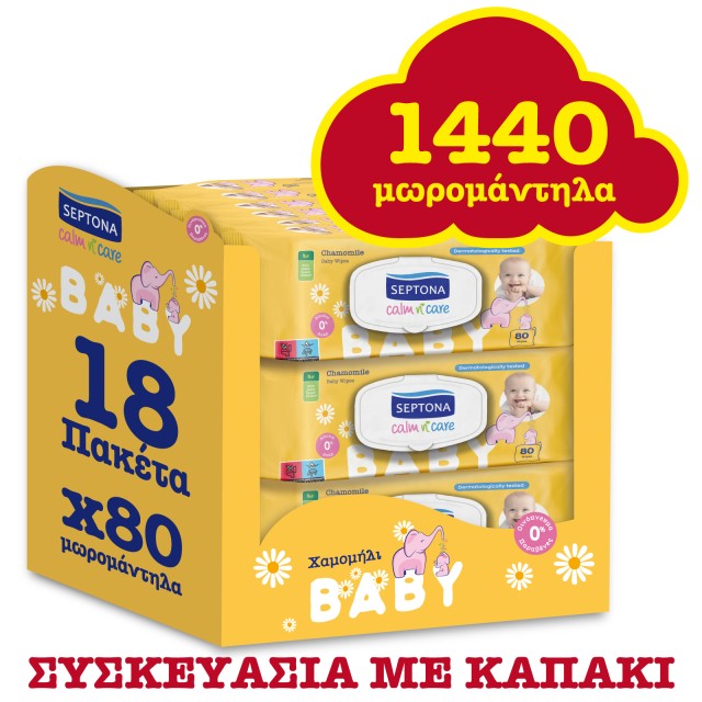 Septona Promo Calm N Care Monthly Pack Μωρομάντηλα Με Χαμομήλι 1440τμχ [18 Πακέτα x 80 Τεμάχια]