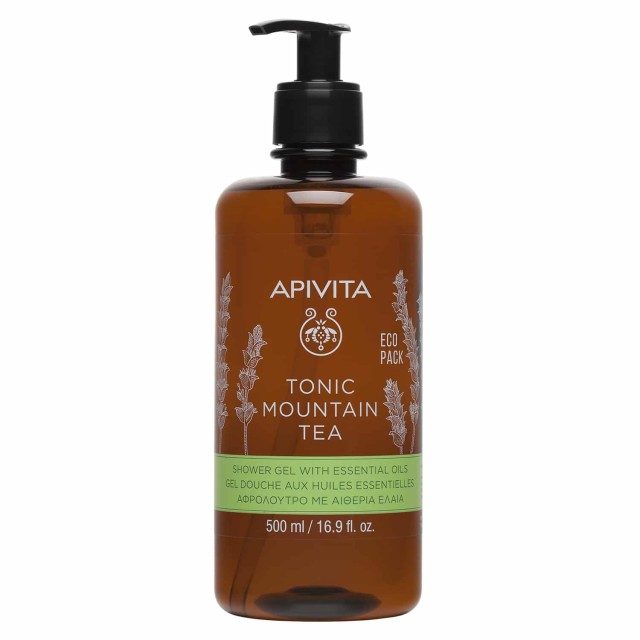 Apivita Eco Pack Tonic Mountain Tea Shower Gel With Essential Oils Αφρόλουτρο Με Πράσινο Τσάι & Αιθέρια Έλαια 500ml