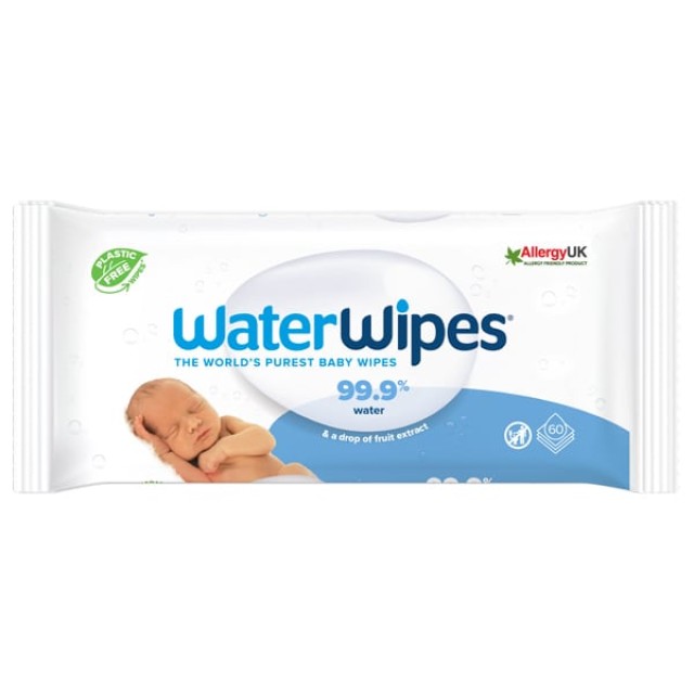 WaterWipes 100% Plastic-free Άοσμα Μωρομάντηλα με 99,9% Νερό, 60τεμ