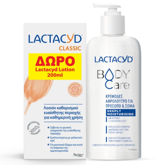 Lactacyd Promo με Body Care Deeply Moisturising Κρεμώδες Αφρόλουτρο, 300ml & Δώρο Classic Intimate Washing Lotion Καθημερινή Φροντίδα για την Ευαίσθητη Περιοχή, 200ml, 1σετ